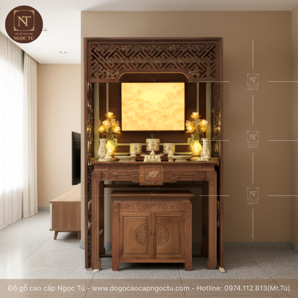 bàn thờ gỗ gõ đỏ hiện đại , sang trọng cho chung cư